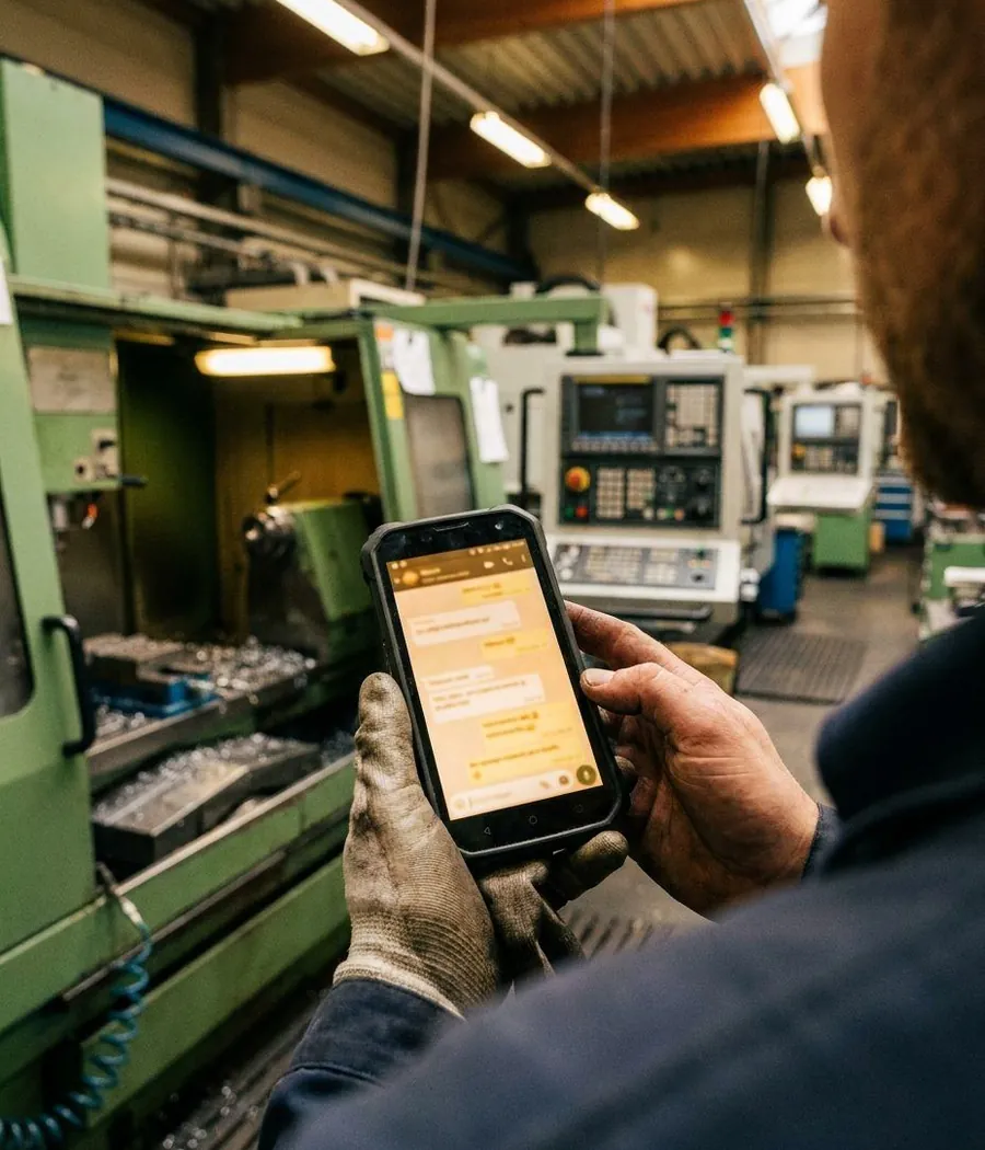 Mitarbeiter an der Maschine liest eine Antwort auf dem Smartphone