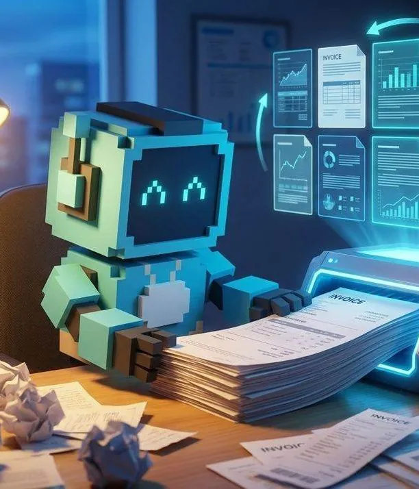 Byte, das Maskottchen von skillbyte, sortiert Angebote und Datenblätter am Schreibtisch