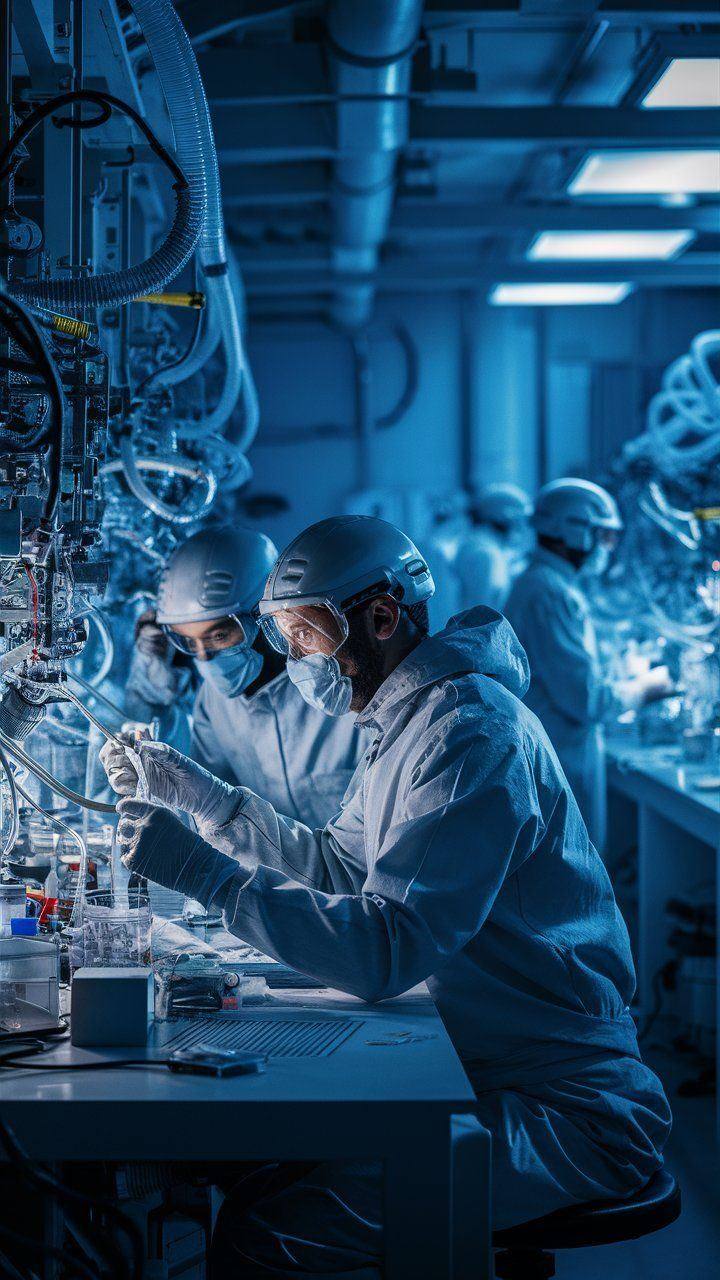 Labor-Team in Reinraum-Ausrüstung an der Prozessanlage, Chemie und Pharma