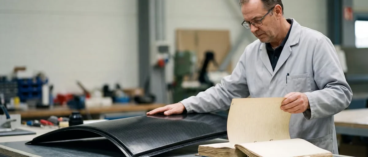 Symbolbild: Ingenieur mit Spezifikation an einem Bauteil aus Kohlefaser in der Composite-Werkstatt