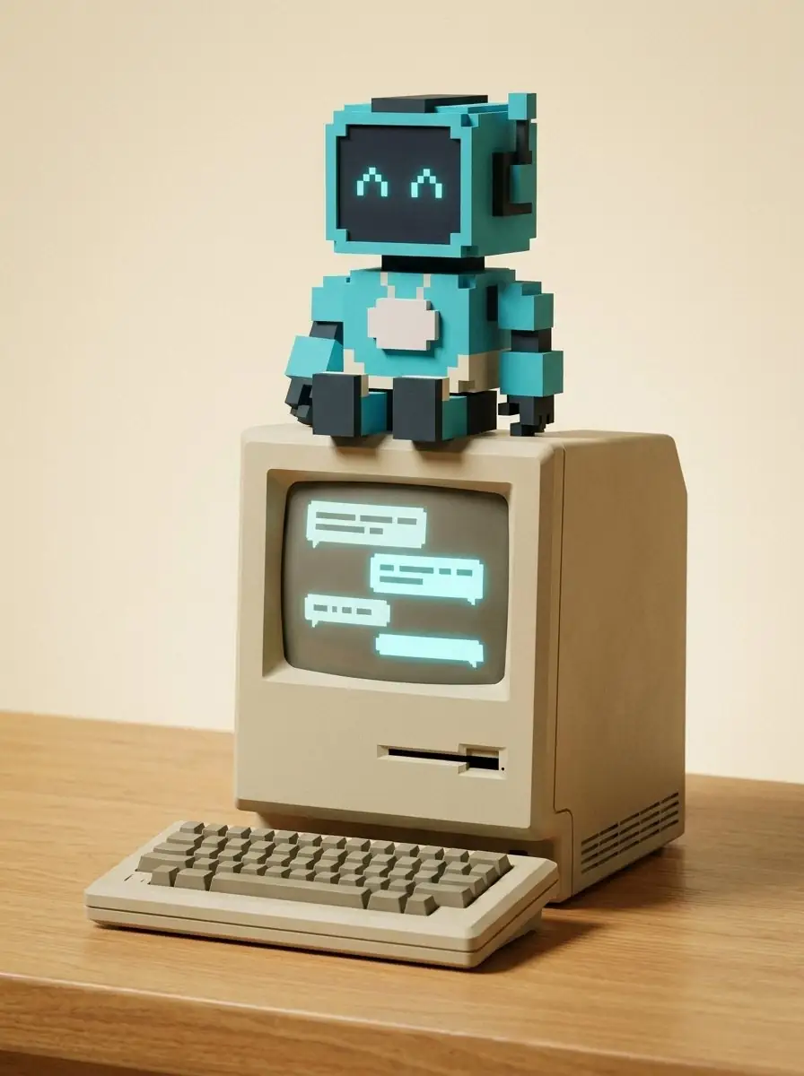 KI-Figur Byte auf einem Retro-Computer mit Nachrichtenverlauf: Sinnbild für eingehende RFQs, die sortiert werden